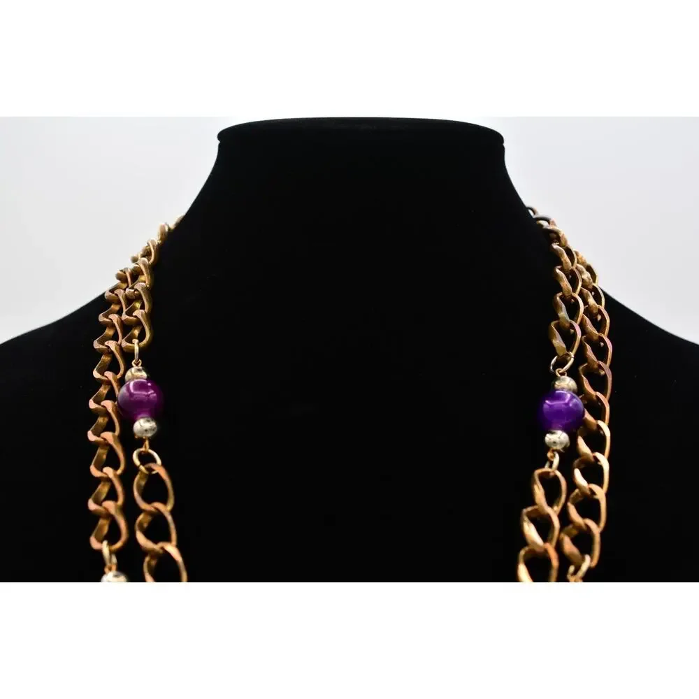 Vintage Multicolor Enamel Geometric Triangle Statement Necklace Gold Beaded BinY